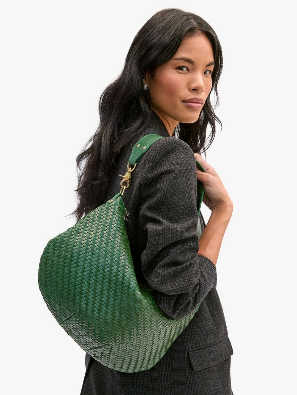 EXCELLENT CLARE V MOYEN MESSENGER BAG - EVERGREEN WOVEN ZIG-ZAG LEATHER - Picture 3 of 11